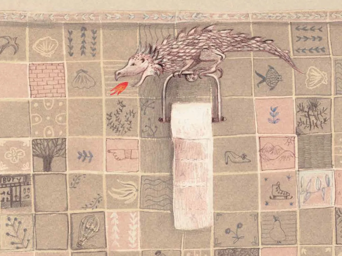 Ilustracja Karoliny Jeske z książki „Nie znajdziesz mnie po śladach stóp”: fantastyczne stworzenie na tle wzorzystej ściany.